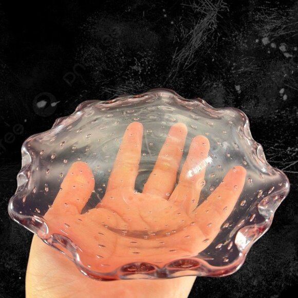 Hand Blown Art Glass Dish Bowl Ruffled Edges Purple Amethyst Glass Bullicante - Picture 4 of 9